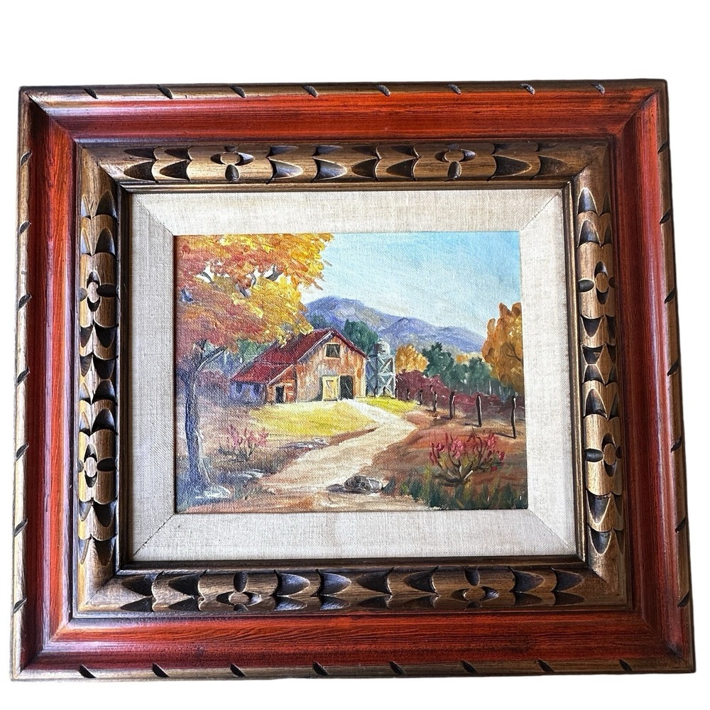VTG  BL Jordan Oil Painting 18x16 Inch Fall‎ Autumn Trees Landscape Barn Framed